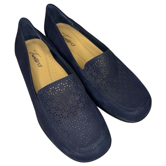 Trotters Jenn Laser Loafer leather suede navy women’s 8.5 Wide shoes career - Picture 2 of 9